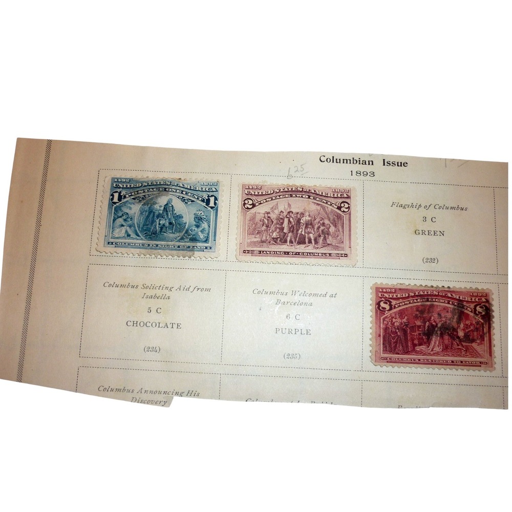 1893 US Columbian Issue Stamps 1c 2c 8c Scott 230 231 235 Used Hinged Page